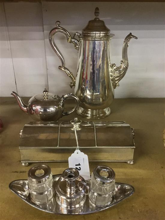 2 plated inkstands, small tea pot and jug
